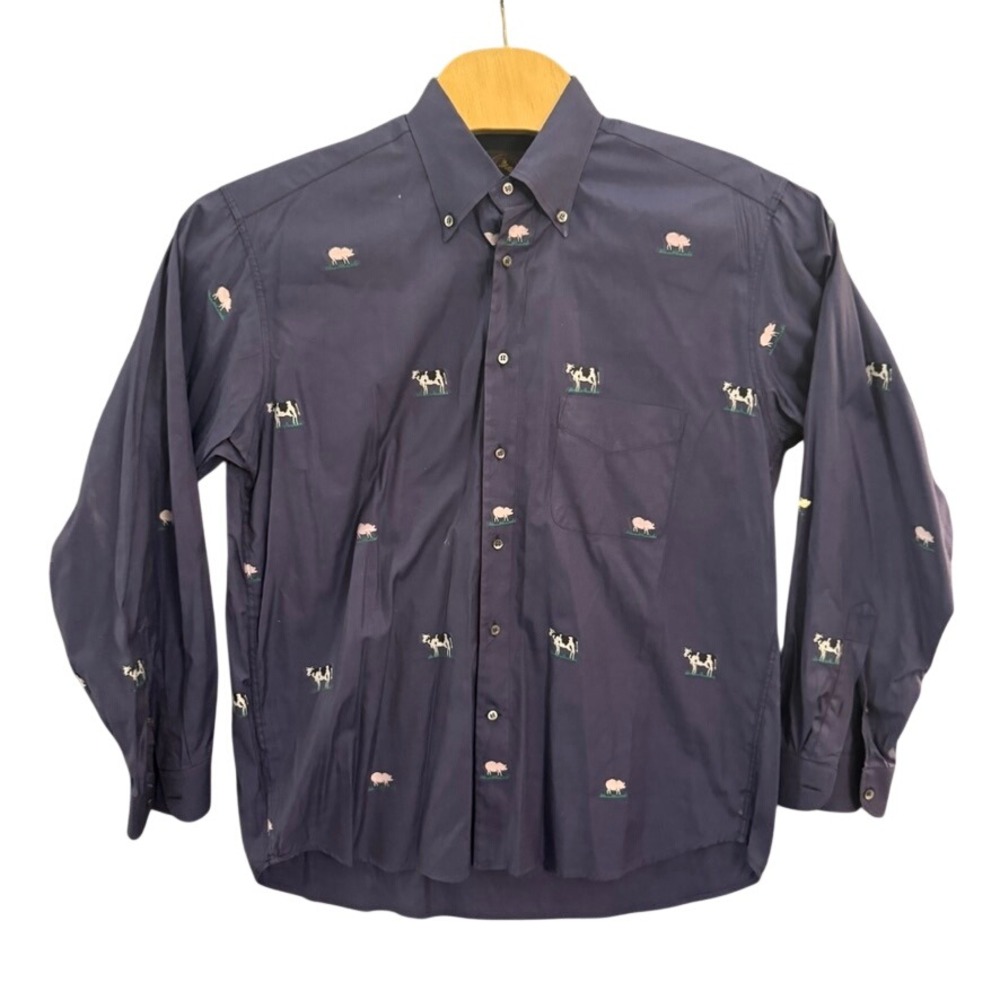 Mario Pieralli Mens Navy Blue Embroidered Farm Animal Cow Pig Button Down Shirt
